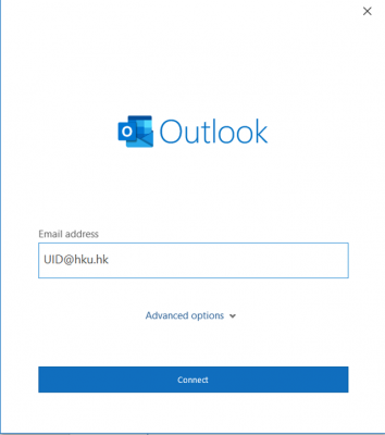 Go to https://mail.office365.com. Enter YourUID@hku.hk (for staff)/YourUID@connect.hku.hk (for students & graduates). Click Connect.