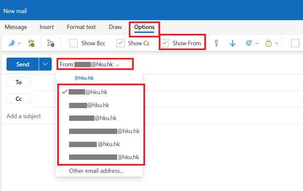 Choose Options, and then tick the box Show From, the From field will appear.