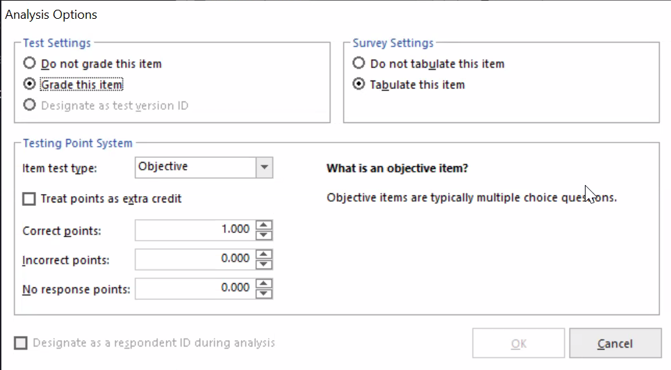 You can choose to grade this item or not and set the testing point system.