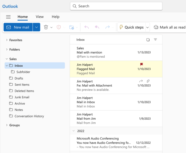 2. Select a folder within the Shared Mailbox on the Folder Panel on the left.