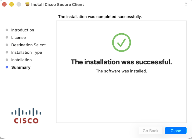 Click the Close button to complete the installation.