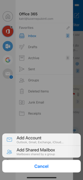 2. Tap the Add Account button in the left navigation pane, then tap Add a Shared Mailbox.