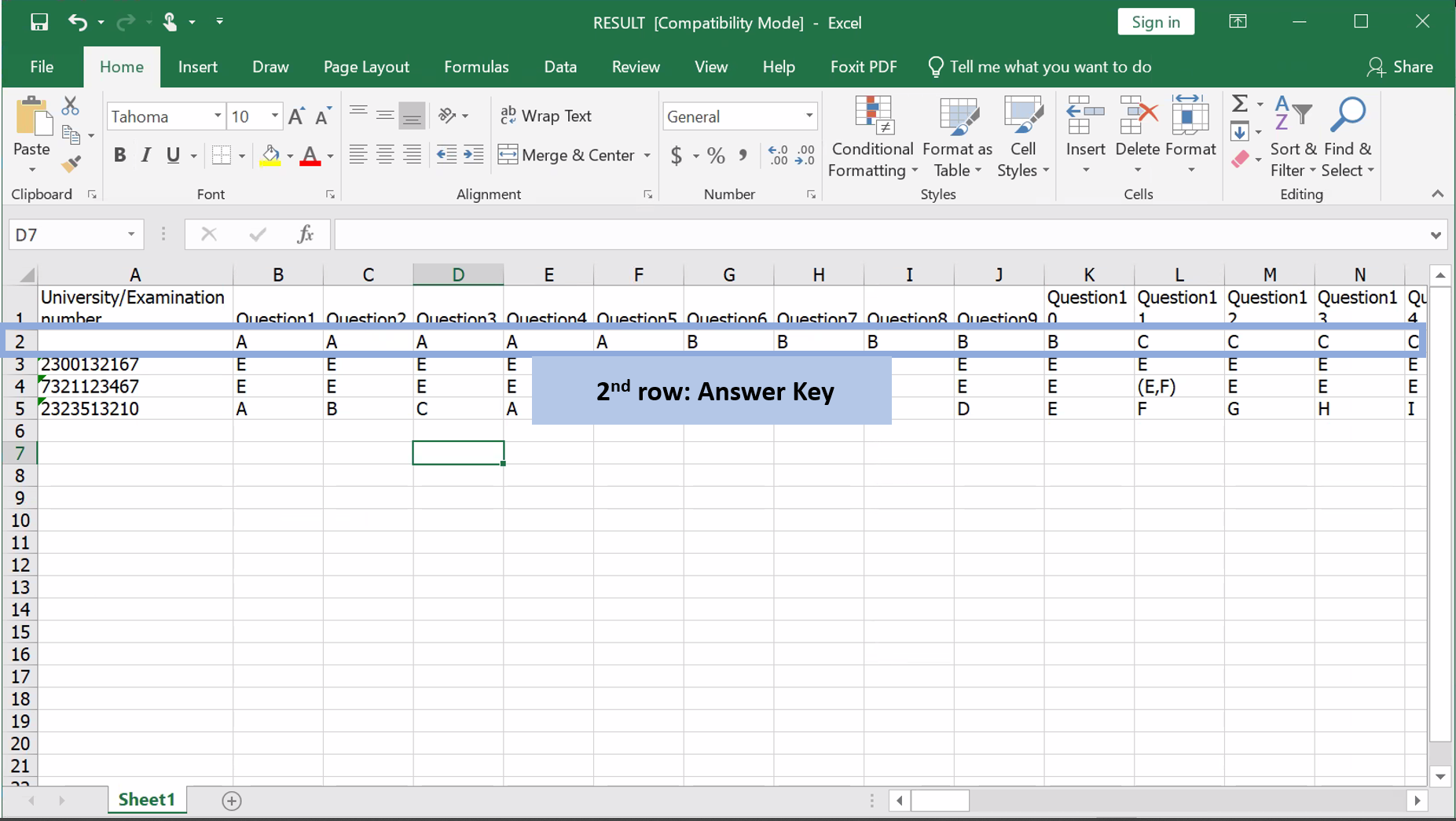Step 2: After opening the excel file, the 2nd row in the excel is the answer key. The last 4 column will show the Number of Correct and incorrect answer and the number of Total Score.
