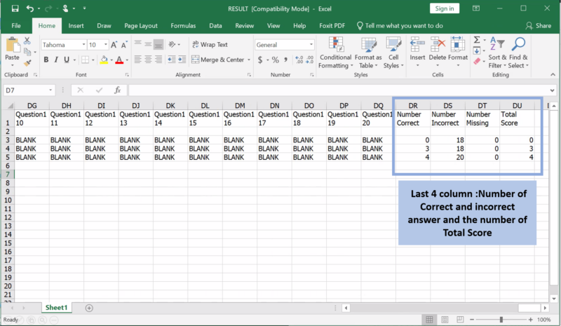 Step 2: After opening the excel file, the 2nd row in the excel is the answer key. The last 4 column will show the Number of Correct and incorrect answer and the number of Total Score.