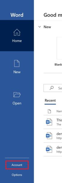 To verify the success of activiting the application, open a MS Applications (MS Word is used for demonstration) > File > Account