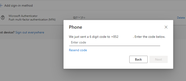 Microsoft 365 will ask for your mobile number, then send you an SMS message containing a 6-digit code to verify your device. Enter code.