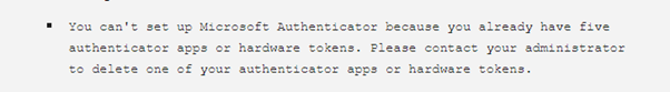 If you've used five hardware tokens, you won't be able to set up a sixth one, and you might see the following error message: