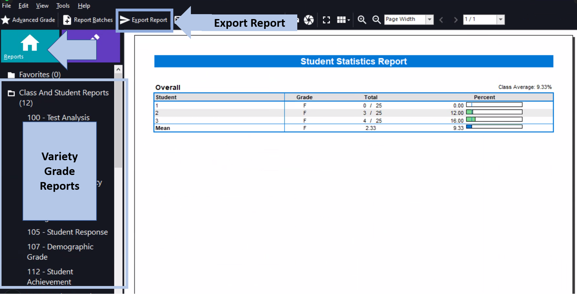 There are variety of grade reports about the test itself, the class or individual students. You can export the report based on the teaching needs.
