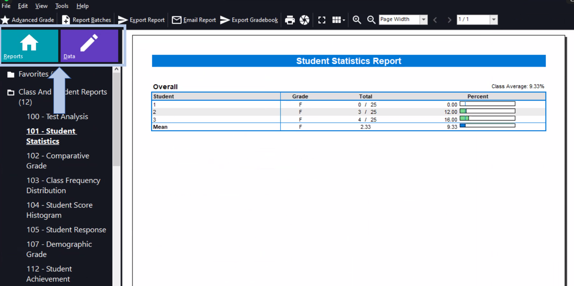 Step 14 The window “Remark Quick Stats – Quick Grade” will open. There are two tab “ Report” and “Data”.