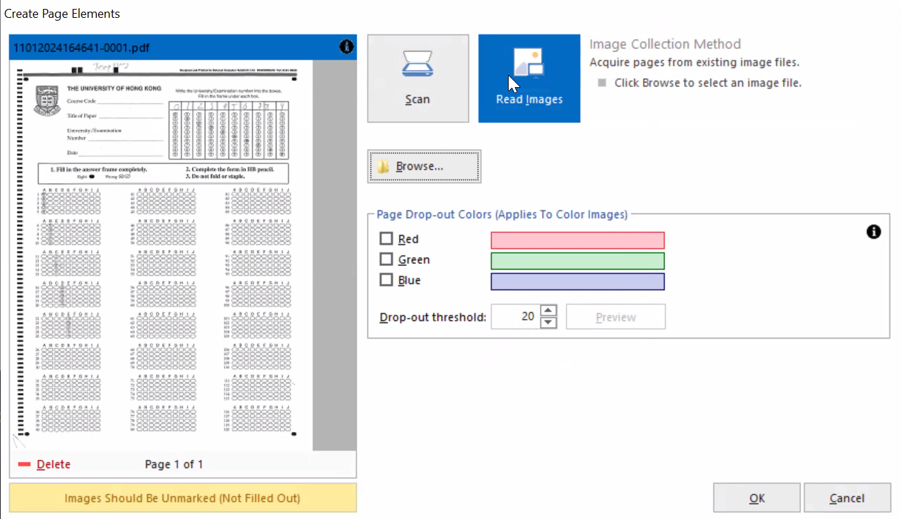 Step 3: Window “Create Page Elements” will open. Select “Read Images” . “Browse” the file and choose the related pdf file and click “Open”. Once the file was opened a thumbnail of the file will display in the left side.