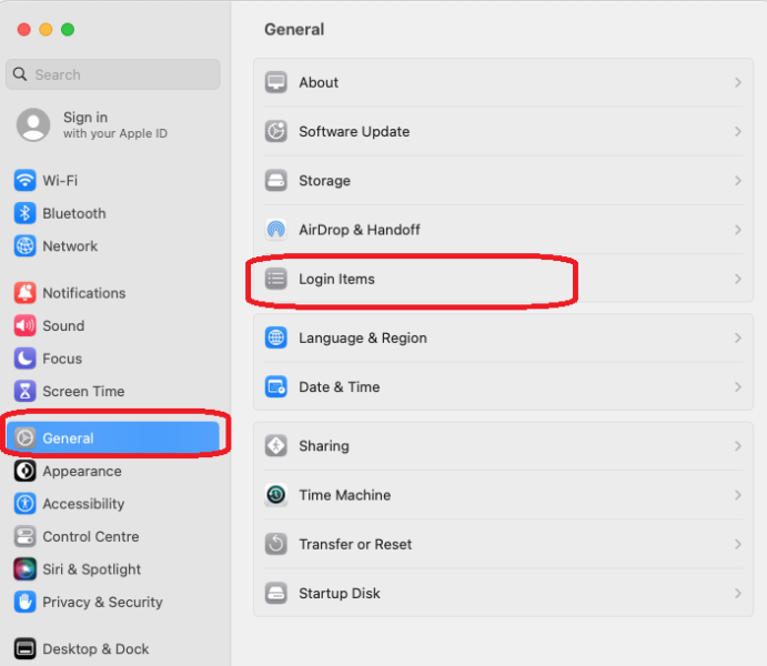 Select General > Login Items.