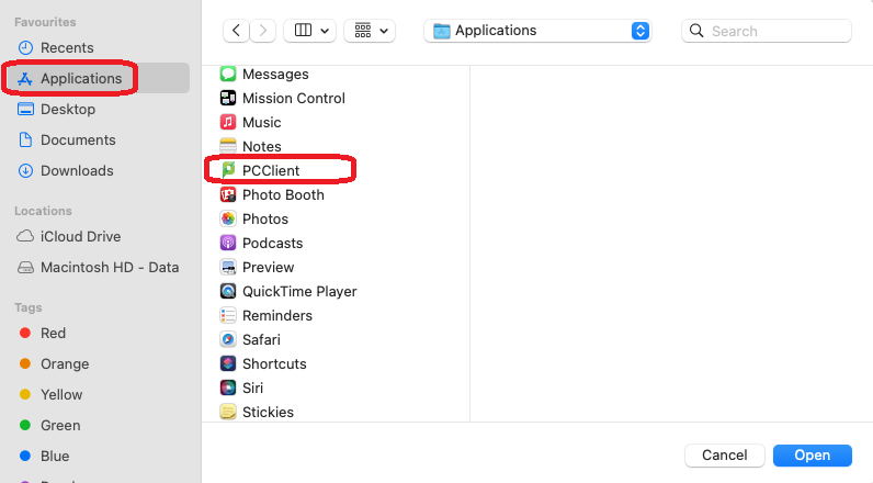 Click + then browse and select the PCClient application (which should now be under your local /Applications) => Open