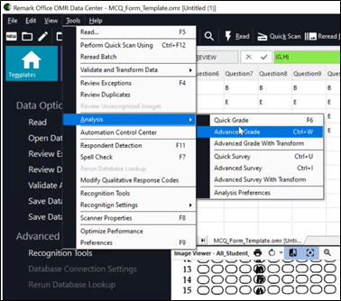 If you would like to have more advanced grading, Select the “Tool” menu and click the “Analysis” -> “Advanced Grade” which you can turn off grading for questions, set learning objectives and set test benchmarks. For advance, please refer to Remark Software website: https://remarksoftware.com/ for more detail information. You also can refer to Remark Office OMR User’s Guide Revision 11.0 (the latest version). Following will highlight some useful functions.
