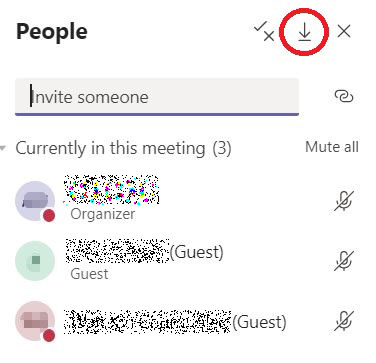 Under the participant list, click the arrow icon (circled in red below) to download the attendance list in csv format