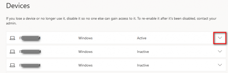 You may have a list of your devices show, however, please do NOT disable any device here (do not click “Disable lost device”) unless you are absolutely certain it has been retired/lost.  You can’t undo the changes and the disabled device can no longer access to organization’s resources.