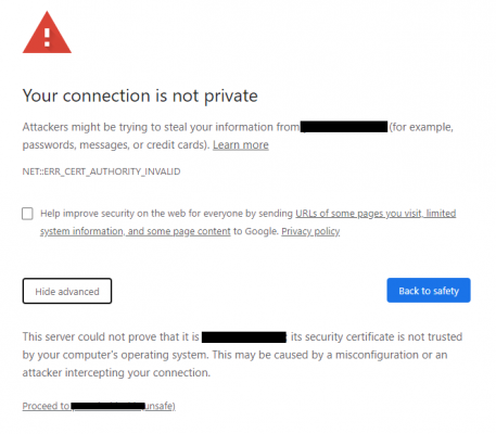 browser showing the site is not private