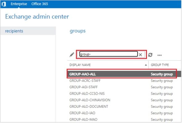 d. Click the search icon under “groups” and then enter name of the group account or use keyword “group-“ for searching