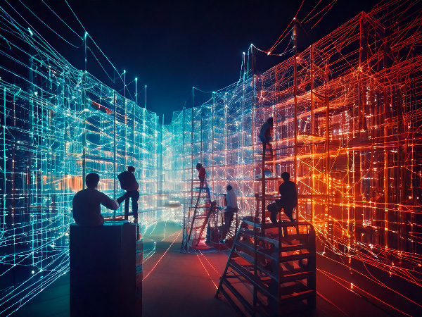 an electronic firewall made with bright lines. some workers working on it
