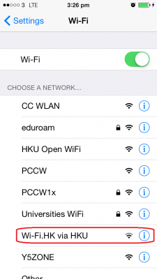While you on HKU campus, ensure that WiFi is turned ON and tap "Wi-Fi.HK via HKU"
