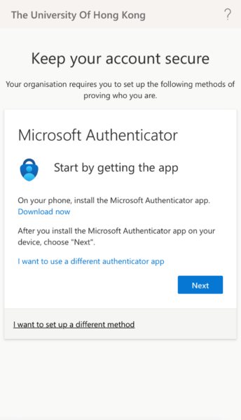 Once signed in, you will see a message that says 'start by getting the app'. We recommend you use the Microsoft Authenticator app.