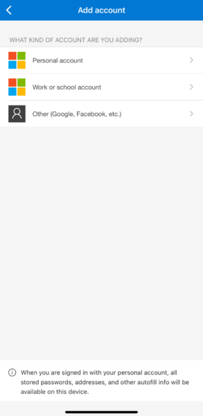 In the app, select ‘add an account’ and choose the option ‘work or school’.