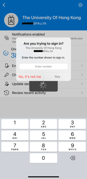 Type the shown number in the application side to Microsoft Authenticator, and click ‘Yes’.