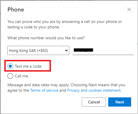 Select the correct country code and enter your mobile number, then choose Text me a code, click Next.
