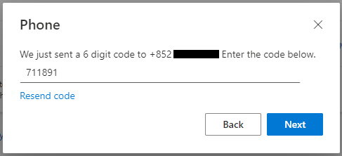 Enter the code received by SMS to the prompted windows, then click Next