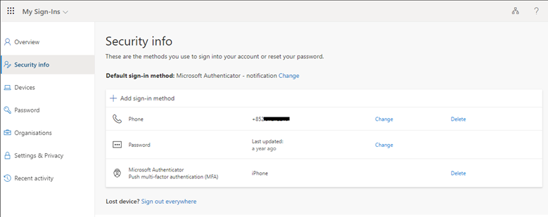 You will see the new method has been added to the security info of your account.