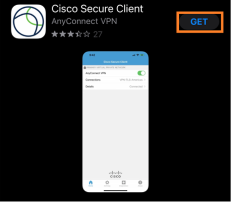 Tap Getnext to Cisco AnyConnect to download the app.