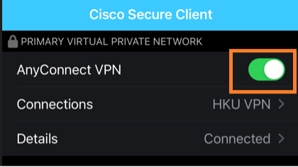 To disconnect from HKUVPN server, slide the button next to AnyConnect VPN.