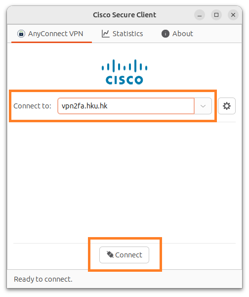 Type “vpn2fa.hku.hk” in the Connect to field and click Connect.