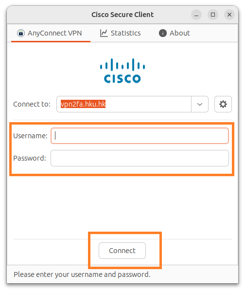 Enter your HKU email address (UID@hku.hk or UID@connect.hku.hk) and PIN in the Username and Password fields respectively and click Connect.
