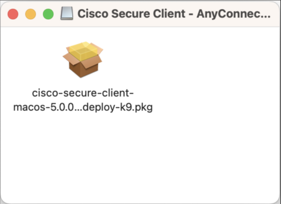 Double click the volume disk and click cisco-secure-client-*.pkg to start the installation process.