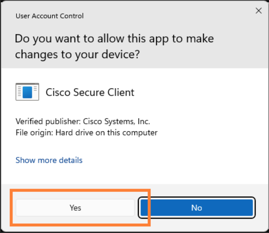 In User Account Control window, click Yes to allow the installation of VPN client. The following steps are illustrated using Windows 11.