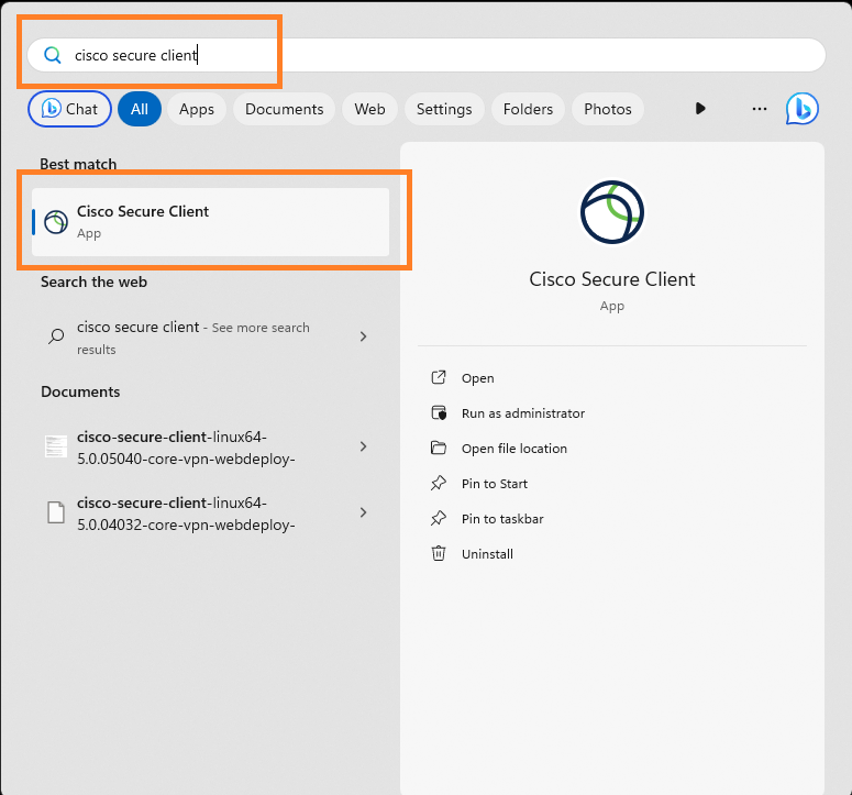 Locate the Cisco Secure Client program from your Start Menu. You can also use Search to find it.