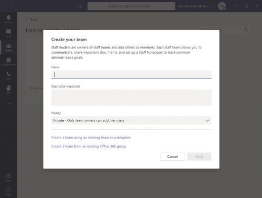 Select an appropriate team type. Add a Team Name and set its Privacy.
