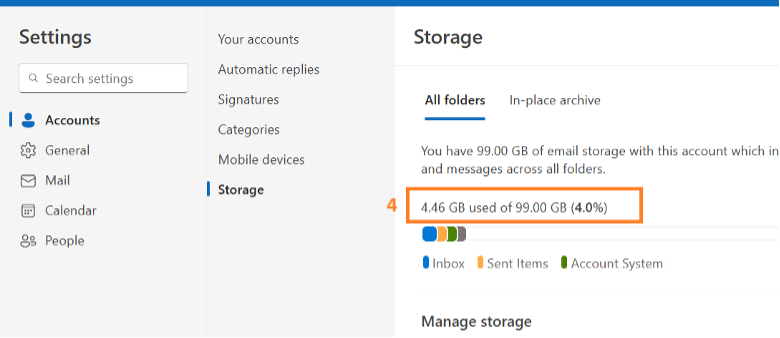 Then the current usage and size of your mailbox will be shown on the right side.