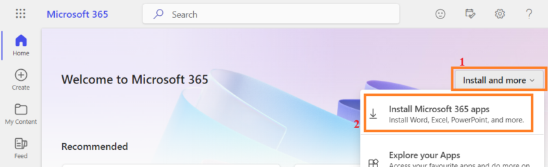On the front page, click the button Install and more > Install Microsoft 365 apps