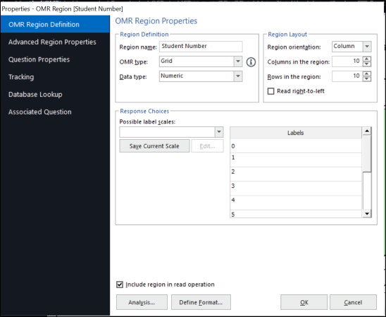 2. Window “Properties – OMR Region” will open. You can set the properties of the regions. Following will highlight some useful setting for you to create.