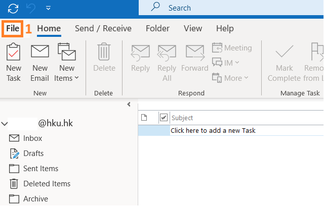 After open Outlook, select File at the top menu.