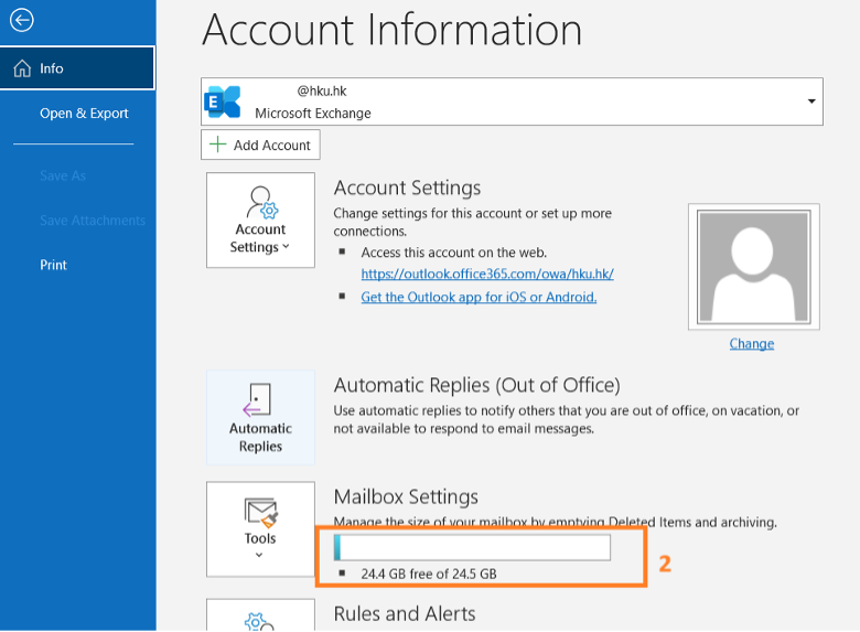 The current usage and size of your mailbox will be shown under Mailbox Settings.