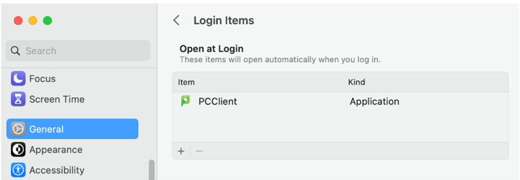Click + then browse and select the PCClient application (which should now be under your local /Applications folder).