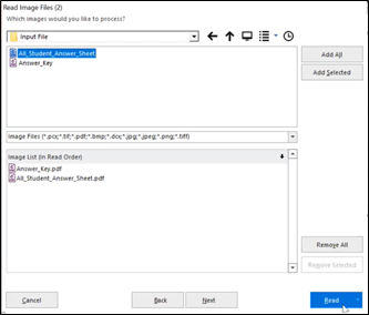 Step 5. Please “Add Select” the scanned files (Answer key and All students answer sheets) from your own removable storage devices. Answer key must be on the top of the “Image List”.) Click “Read”.