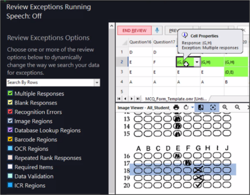 Step 9. After clicking the “Preview”, there will be some flagged data (e.g. Green for multiple response). You can based on the indicator in the left panel to changes exception responses. There will be “Image Viewer” in the bottom for you to review the student answer sheet. 