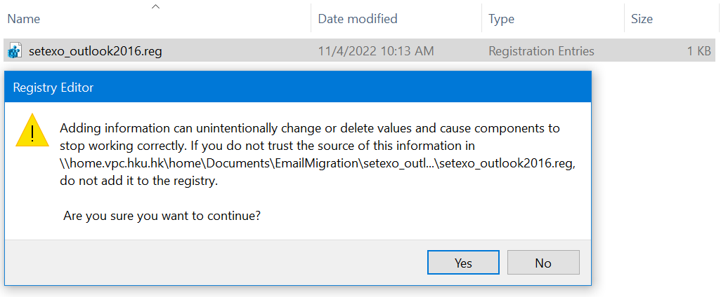 Double click on setexo_outlook2016.reg. In the Registry Editor dialog, click Yes.
