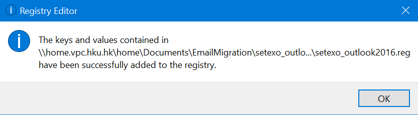 The keys and values have been successfully added to the registry. Click OK.