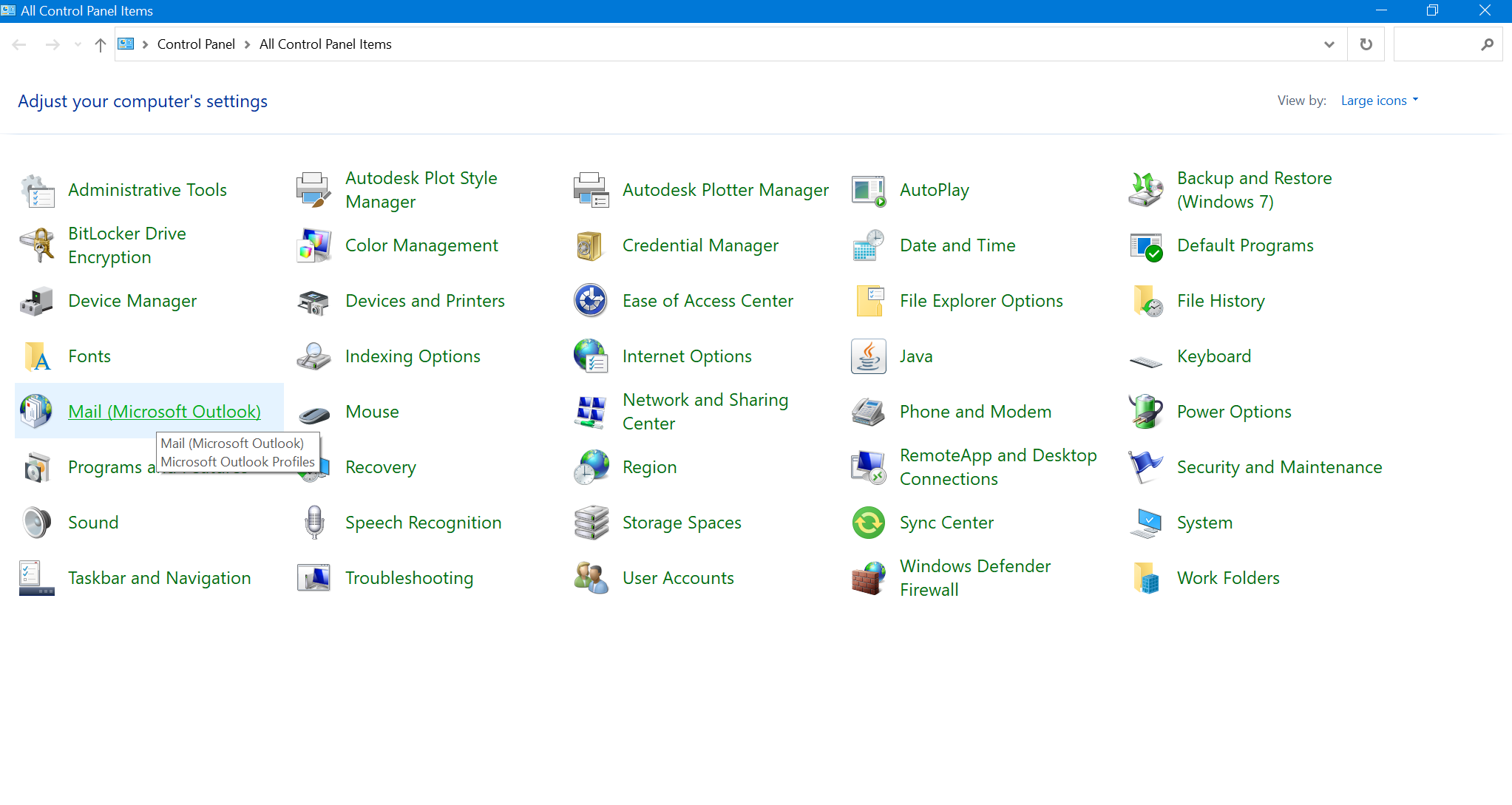 Go to Control Panel, change “View by” to Large Icons. Click “Mail (Microsoft Outlook)”.