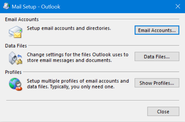 In the “Mail Setup – Outlook” dialog, click “Show Profiles…”
