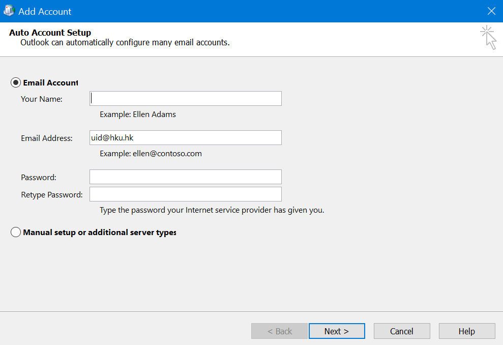 Enter the Password and Retype Password of your account. Click Next.